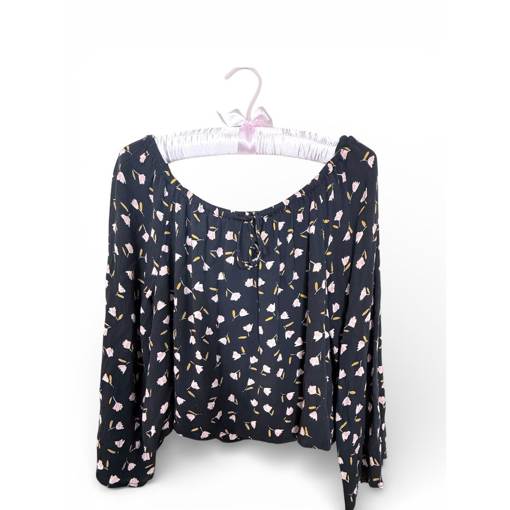 Billabong‎ Womens Cropped Floral Peasant Blouse Black PinkTop Size L